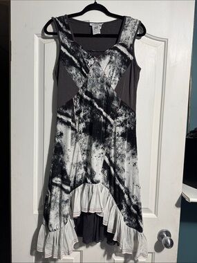 Dzhavael Couture Art to Wear Dress Large Abstract Sequin Ruffle Hem Midi